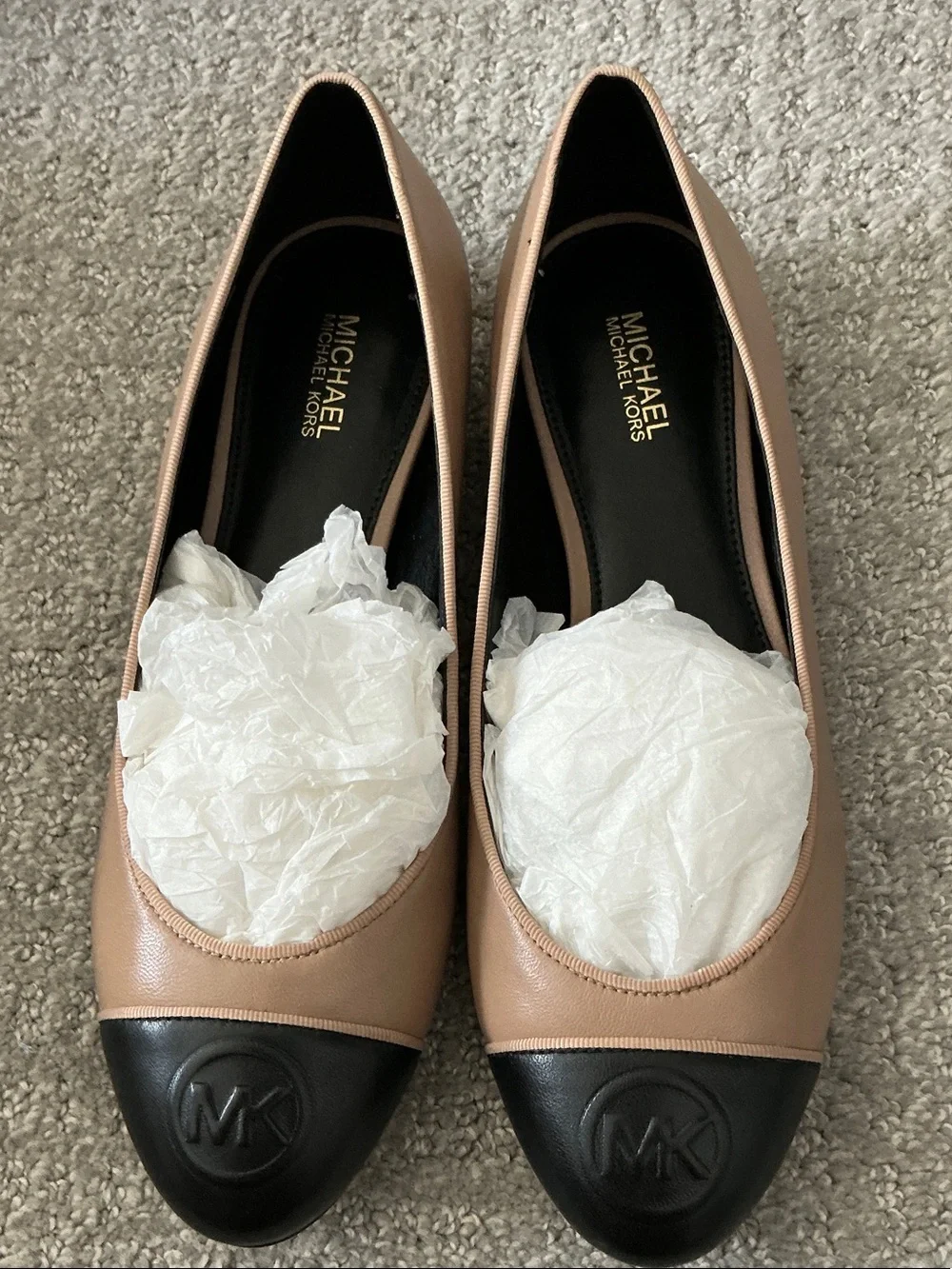Michael Kors Blush and Black Leather Cap-Toe Ballet Flats